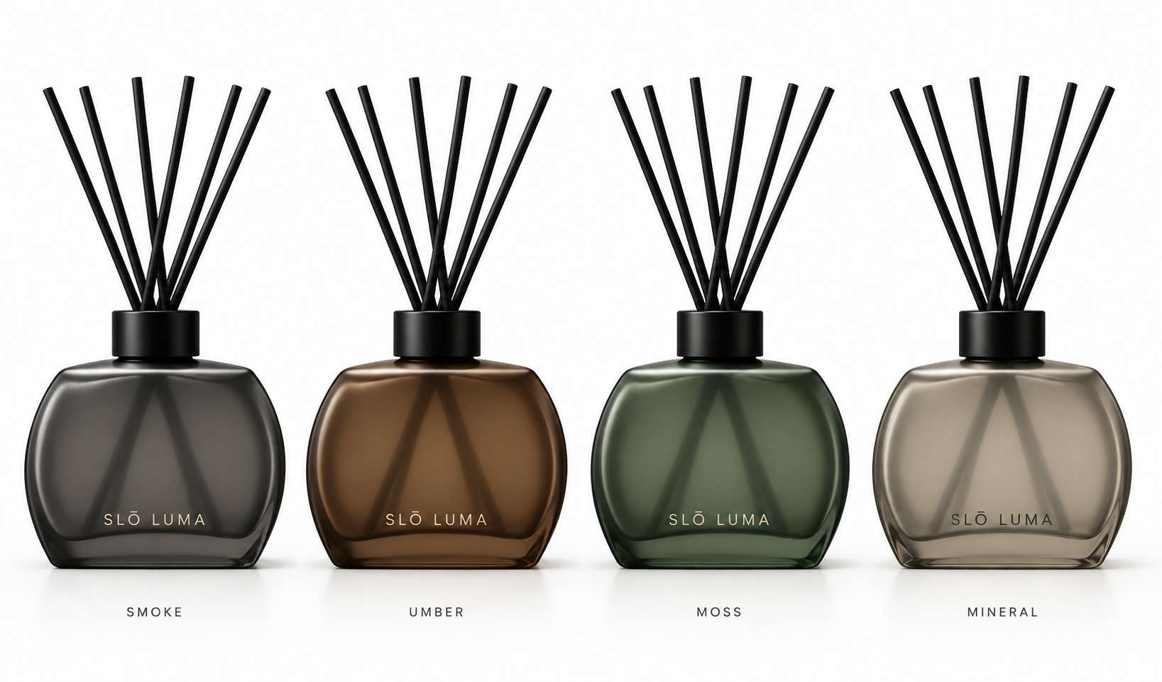 The approved Slō Luma reed diffuser design study in four exploratory vessel colours